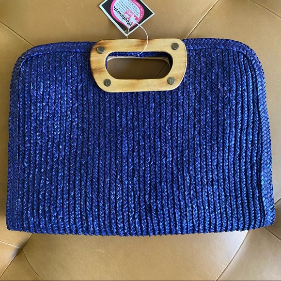 Vintage Woolworth Deadstock NWT Straw Bag Purse Navy Blue Clutch Wood Handle - Picture 6 of 7